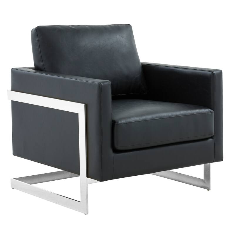 Front. LeisureMod - Lincoln Leather Accent Armchair with Silver Frame, Modern Faux Upholstered Single Sofa Chair Living Room - Black.