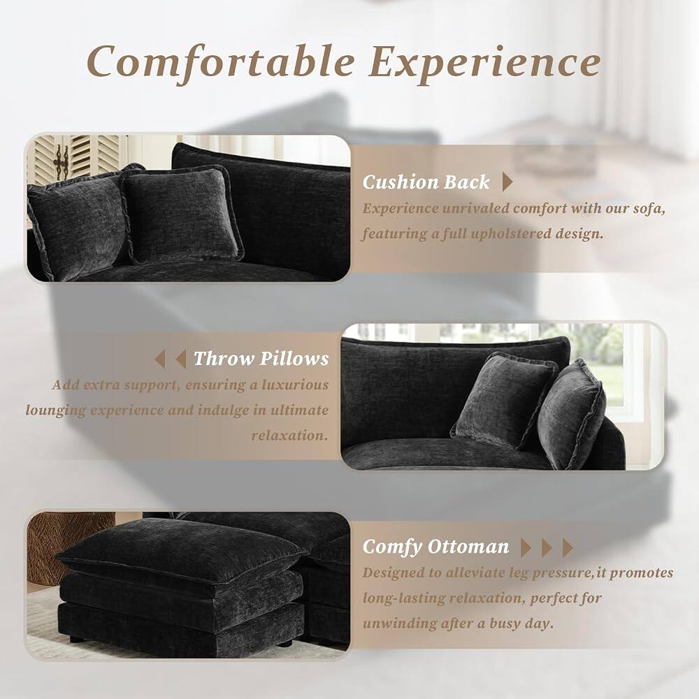Comfortable Experience

Cushion Back
Experience unrivaled comfort with our sofa, featuring a full upholstered design.

Throw Pillows
Add extra support, ensuring a luxurious lounging experience and indulge in ultimate relaxation.

Comfy Ottoman
Designed to alleviate leg pressure, it promotes long-lasting relaxation, perfect for unwinding after a busy day.