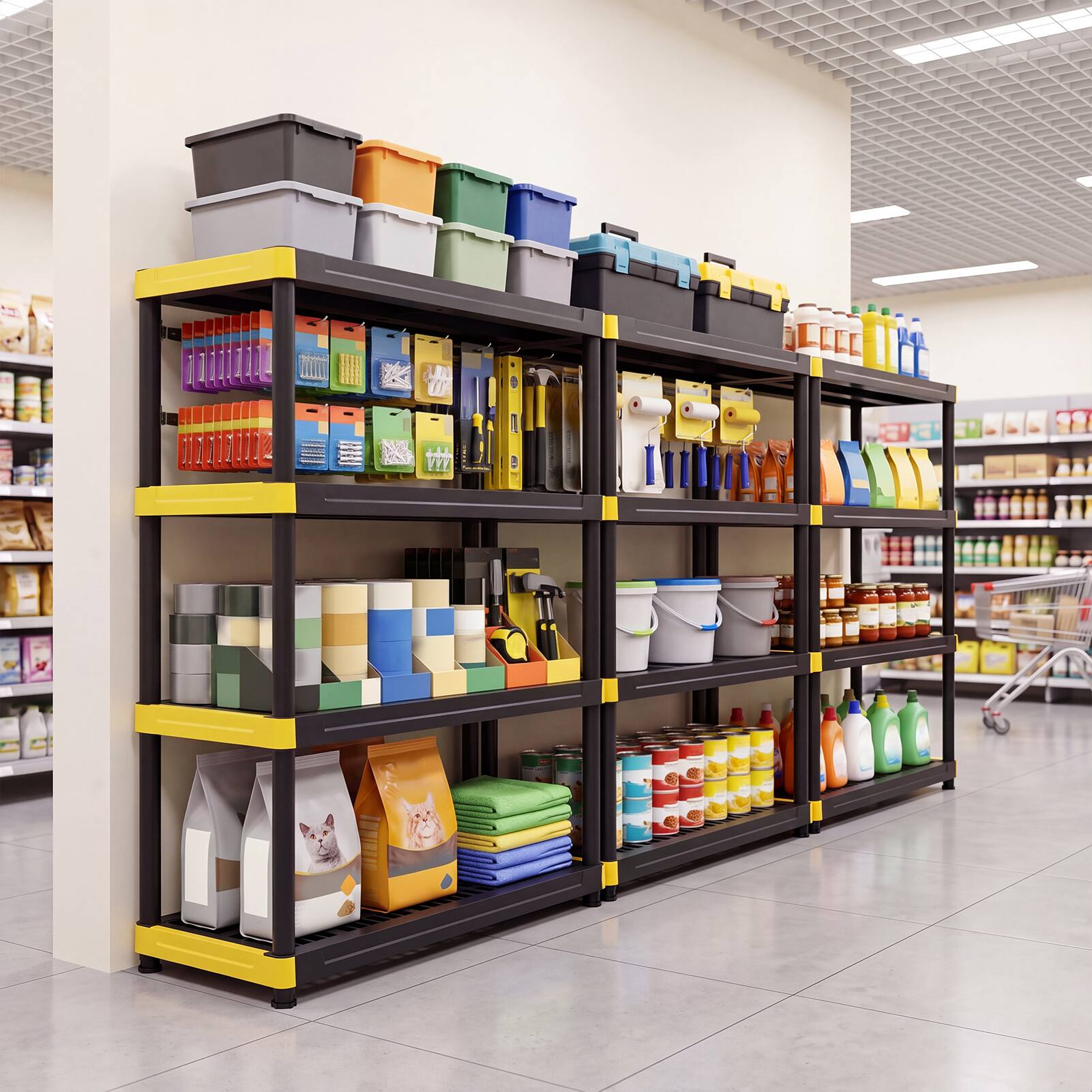 Alt View 4. Costway - Costway 4-Tier Plastic Storage Shelf with Anti-Tipping Kit & Adjustable Feet, Easy Assembly - Black + Yellow.