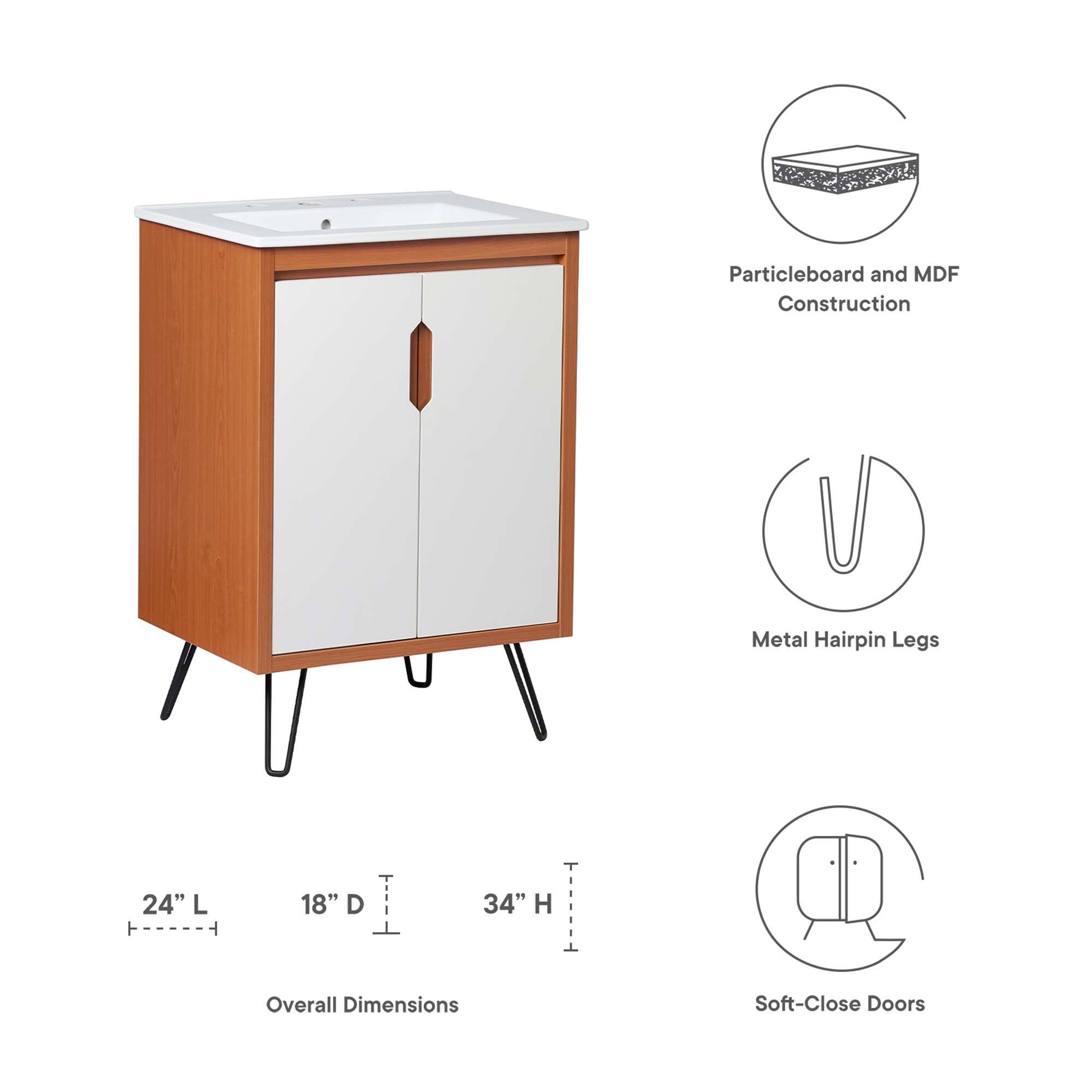 Particleboard and MDF Construction  
Metal Hairpin Legs  
24" L x 18" D x 34" H Overall Dimensions  
Soft-Close Doors
