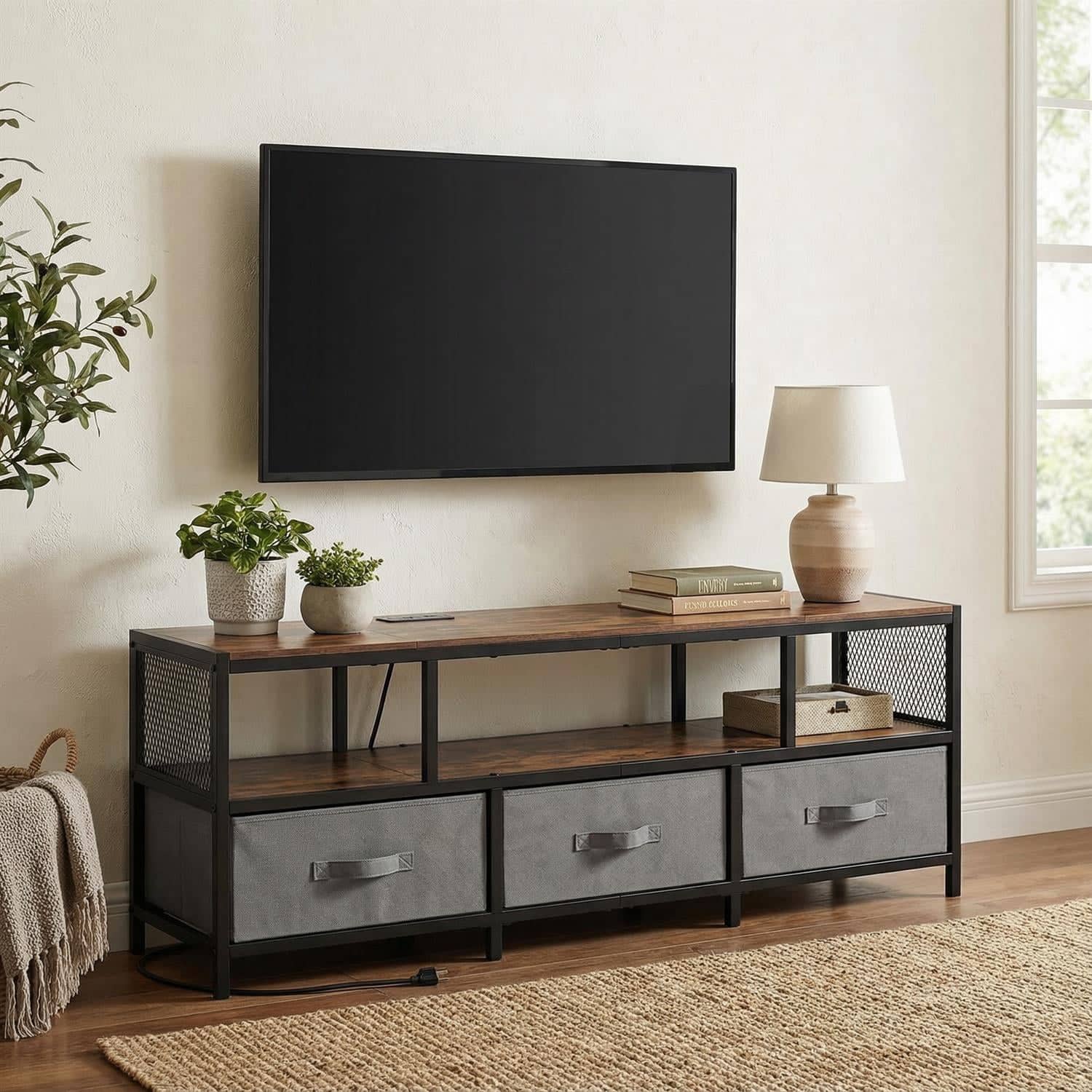 Pefilos - TV Stand Fits 65 Inch TV, Built-in Power Outlets USB Charging Station, TV Cabinet - Brown
