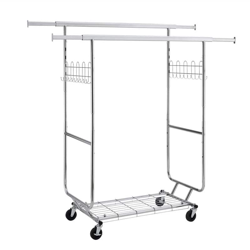 ALEXOUN - Double Clothing Garment Rack with Shelves - 800lbs Capacity, Heavy Duty, Portable, Collapsible Design with Wheels - Silver