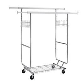 ALEXOUN - Double Clothing Garment Rack with Shelves - 800lbs Capacity, Heavy Duty, Portable, Collapsible Design with Wheels - Silver