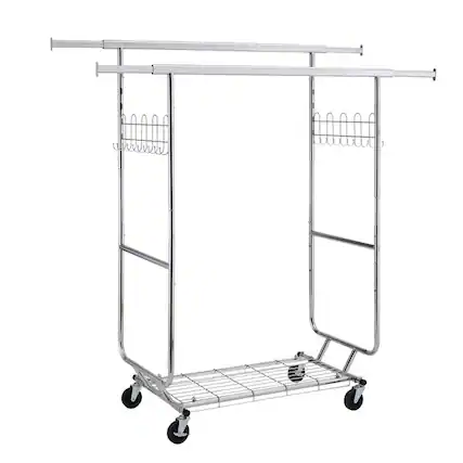 Front. ALEXOUN - Double Clothing Garment Rack with Shelves - 800lbs Capacity, Heavy Duty, Portable, Collapsible Design with Wheels - Silver.