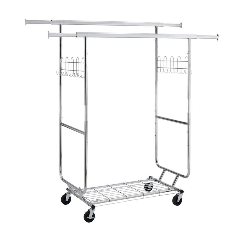 Front. ALEXOUN - Double Clothing Garment Rack with Shelves - 800lbs Capacity, Heavy Duty, Portable, Collapsible Design with Wheels - Silver.