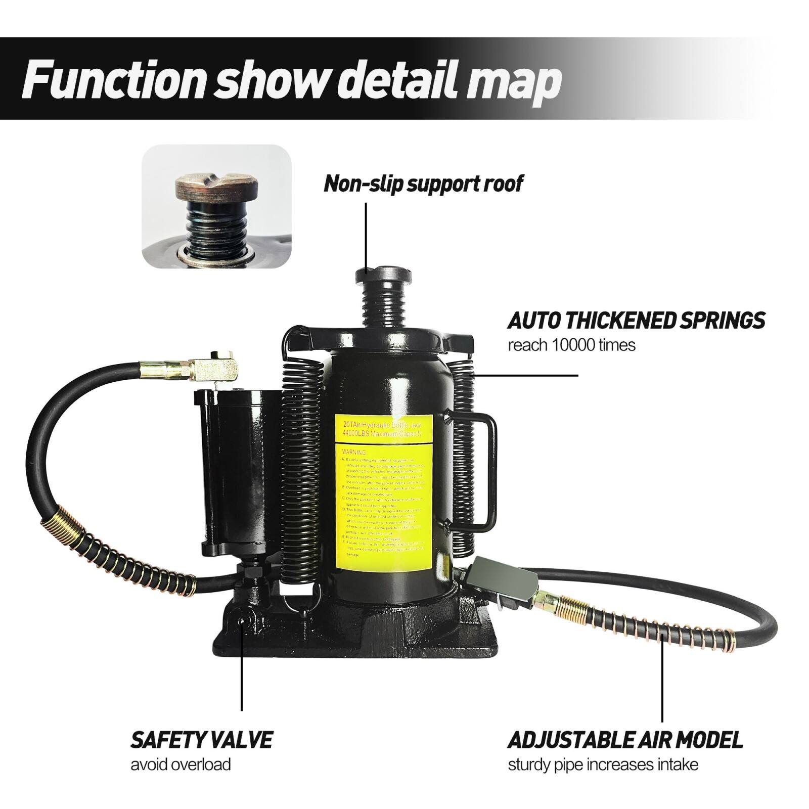 Function show detail map

- Non-slip support roof
- AUTO THICKENED SPRINGS reach 10000 times
- SAFETY VALVE avoid overload
- ADJUSTABLE AIR MODEL sturdy pipe increases intake