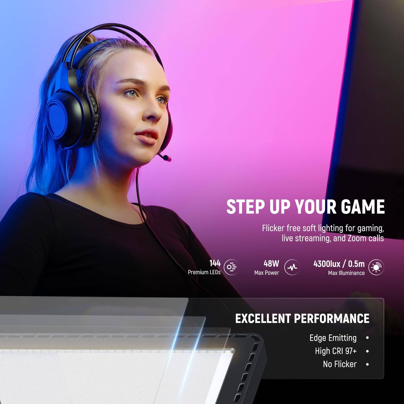 STEP UP YOUR GAME  
Flicker free soft lighting for gaming, live streaming, and Zoom calls  
144 Premium LEDs  
48W Max Power  
4300lux / 0.5m Max Illuminance  

EXCELLENT PERFORMANCE  
Edge Emitting  
High CRI 97+  
No Flicker