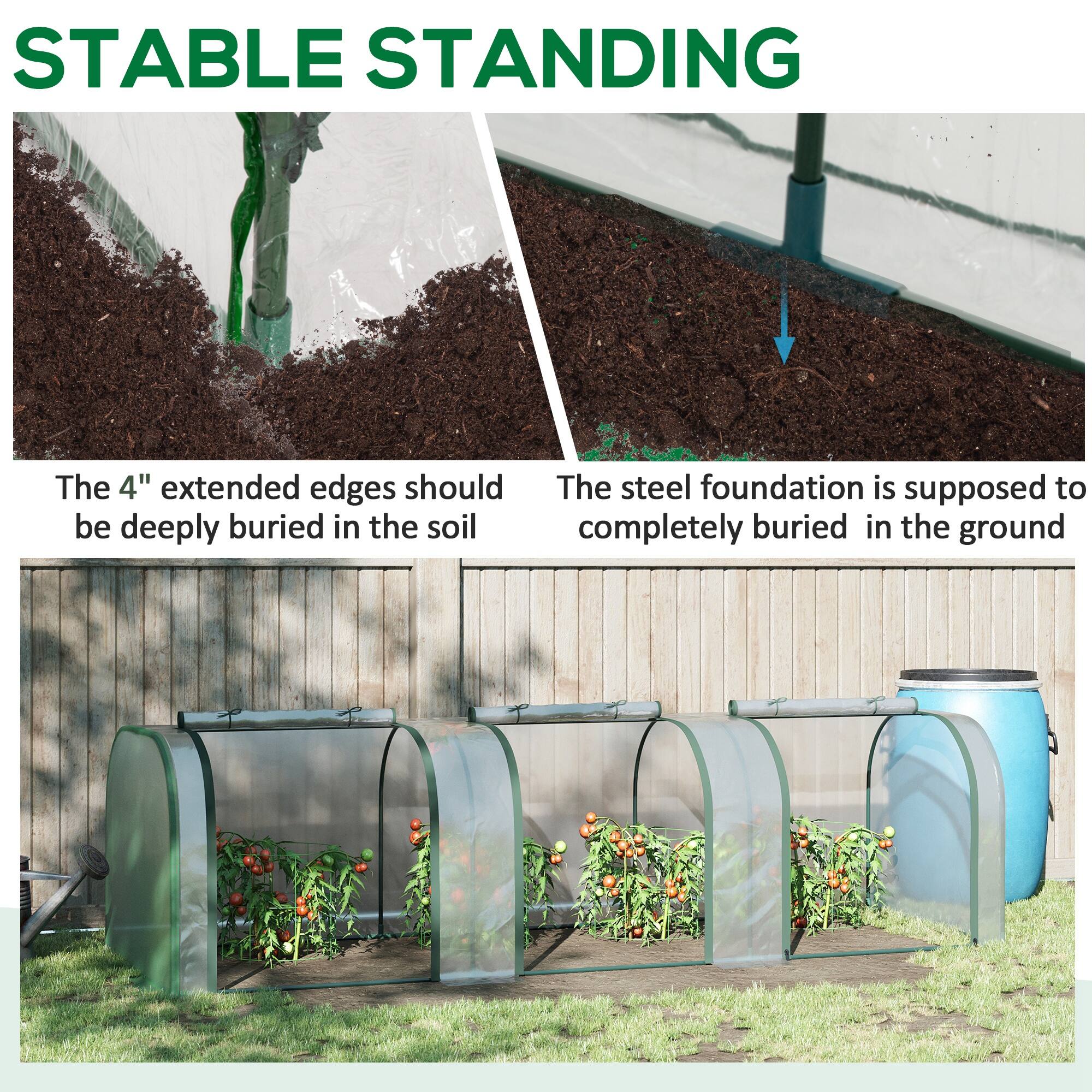 STABLE STANDING

The 4" extended edges should be deeply buried in the soil

The steel foundation is supposed to be completely buried in the ground