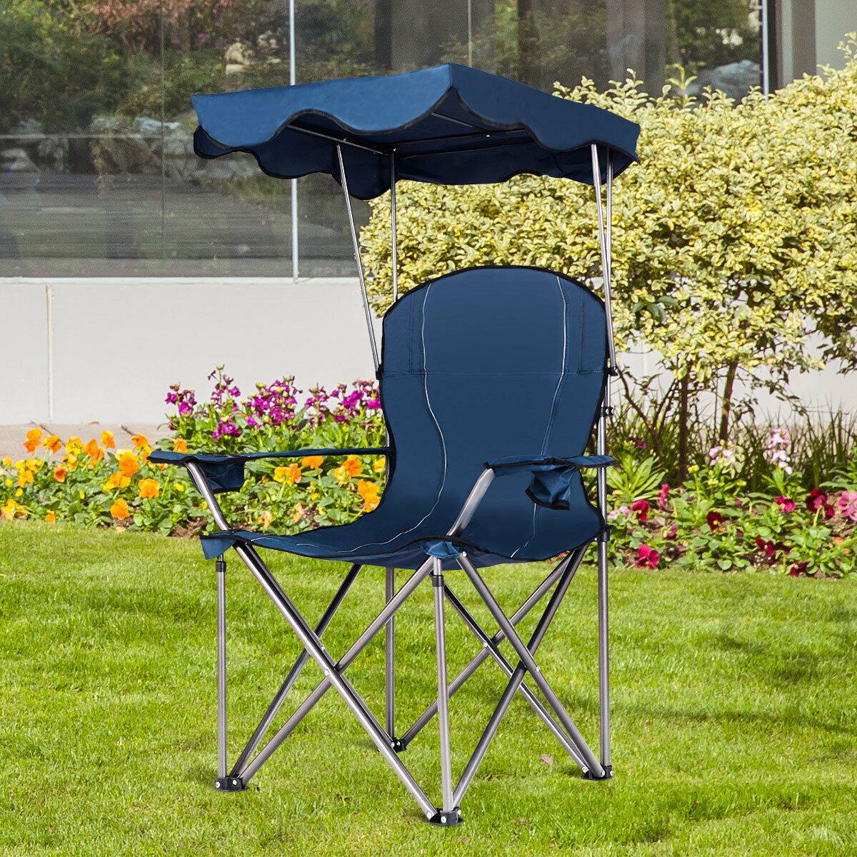 Alt View 1. Costway - Costway Portable Folding Beach Canopy Chair W/ Cup Holders Bag Camping Hiking Outdoor - Blue.