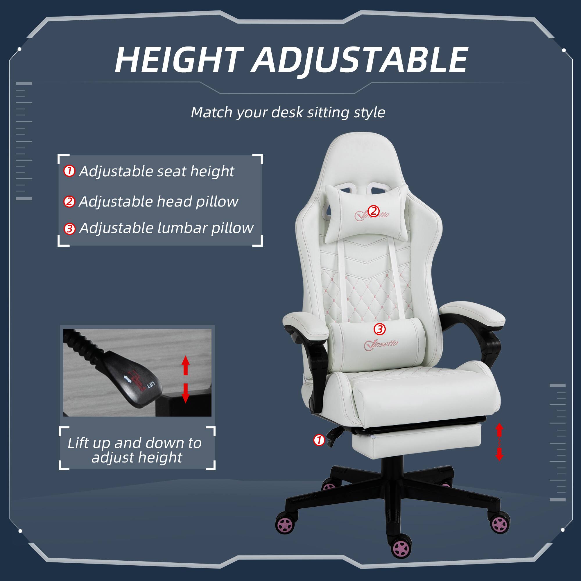 HEIGHT ADJUSTABLE  
Match your desk sitting style  

1. Adjustable seat height  
2. Adjustable head pillow  
3. Adjustable lumbar pillow  

Lift up and down to adjust height