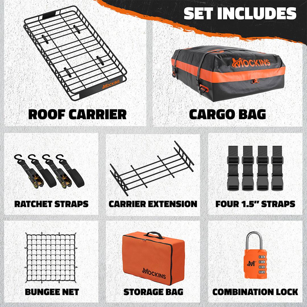 SET INCLUDES

- ROOF CARRIER
- CARGO BAG
- RATCHET STRAPS
- CARRIER EXTENSION
- FOUR 1.5" STRAPS
- BUNGEE NET
- STORAGE BAG
- COMBINATION LOCK