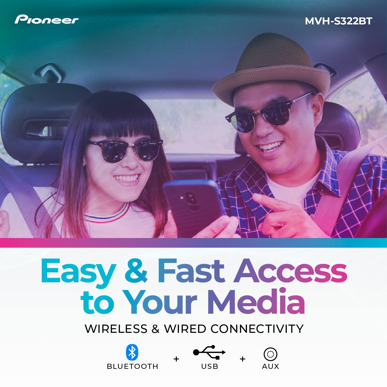 Pioneer MVH-S322BT Easy & Fast Access to Your Media WIRELESS & WIRED CONNECTIVITY + BLUETOOTH USB + AUX