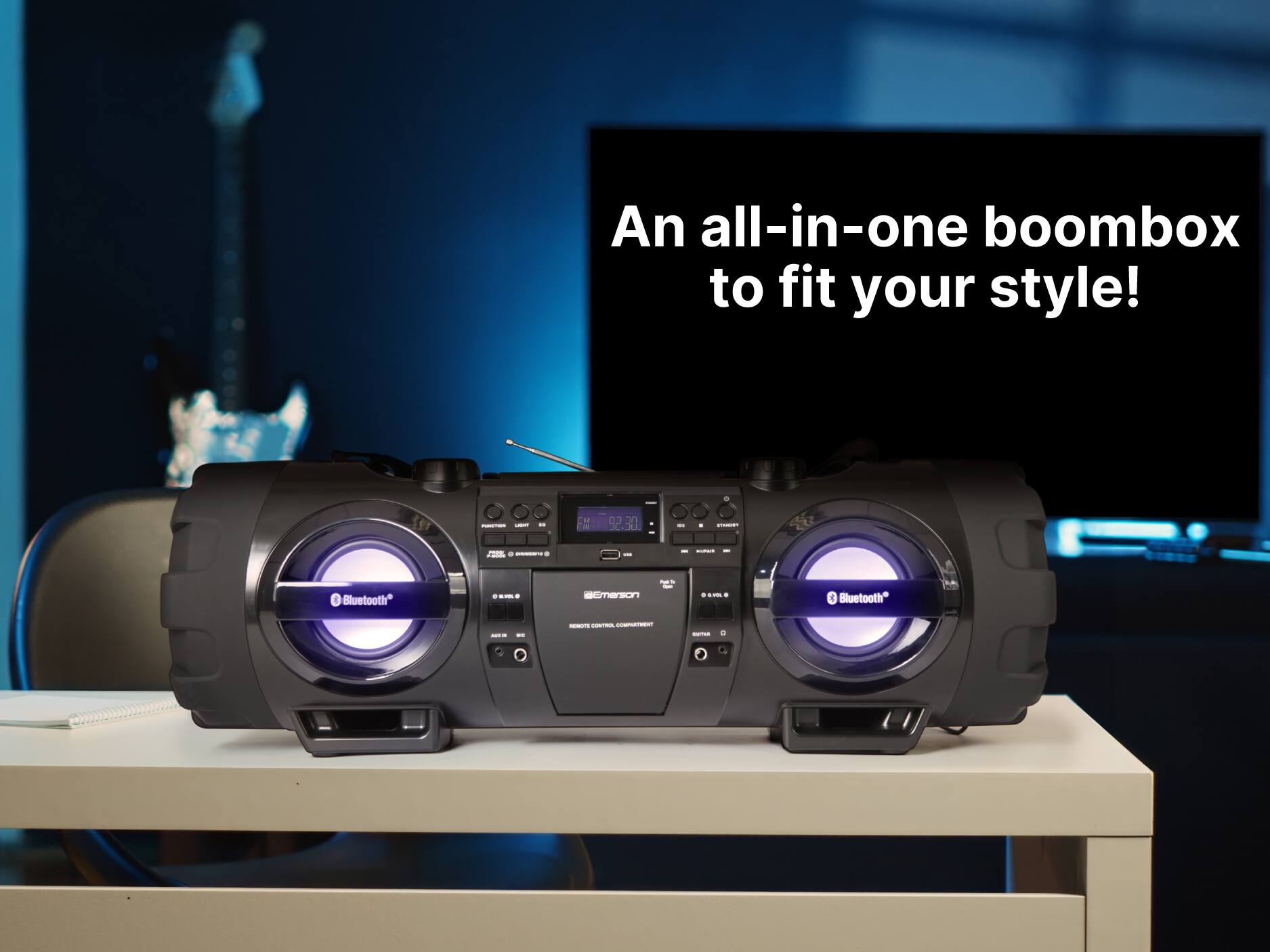 An all-in-one boombox to fit your style! | - - - a 92.30 - : I . i I : 1 & Bluetooth - + TESU - . -- e Bluetooth* 1 - - - - - -
