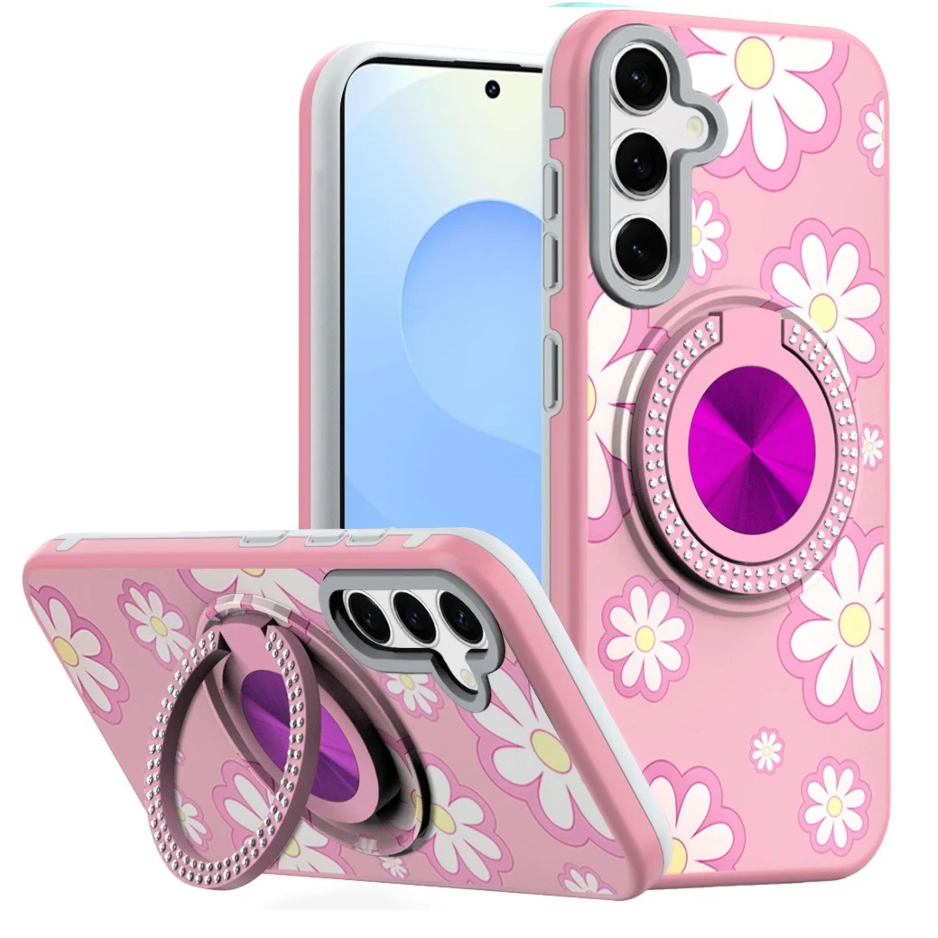 Kitcheniva - Printed Design Ring Stand Case With Tempered Glass For Samsung S25 Plus S24 Plus - Flower Pink price history on PriceWatchPro