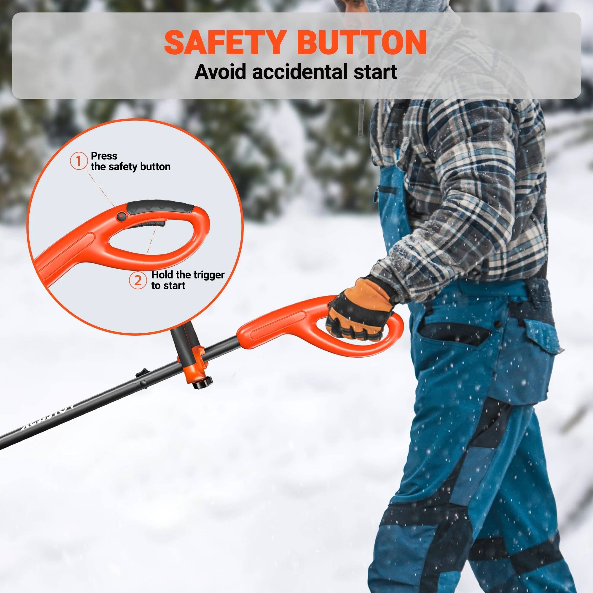 SAFETY BUTTON  
Avoid accidental start

1. Press the safety button  
2. Hold the trigger to start