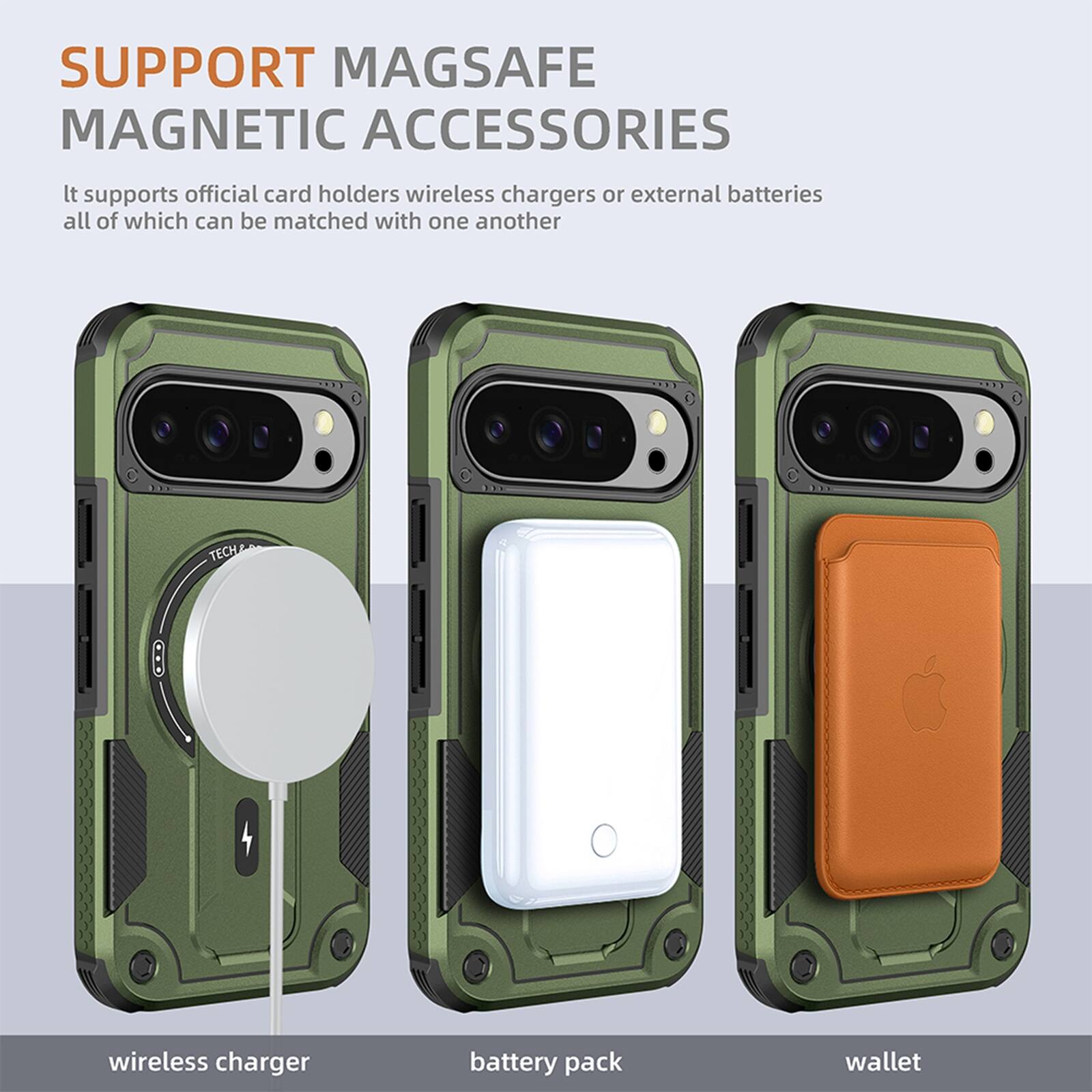 SUPPORT MAGSAFE MAGNETIC ACCESSORIES

It supports official card holders, wireless chargers, or external batteries, all of which can be matched with one another.

wireless charger  
battery pack  
wallet
