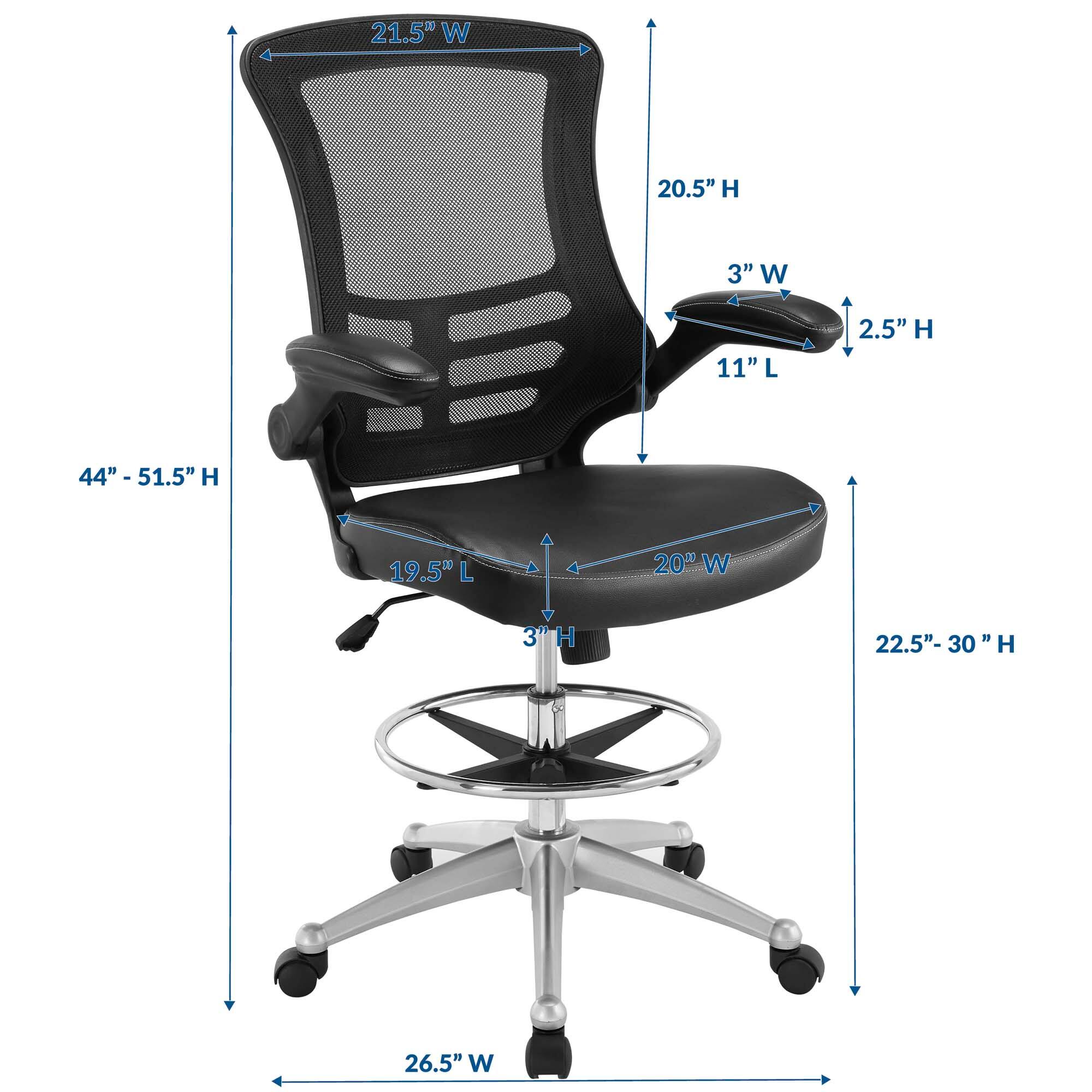 - Width: 21.5"
- Height: 20.5"
- Armrest Width: 3"
- Armrest Length: 11"
- Armrest Height: 2.5"
- Seat Width: 20"
- Seat Depth: 19.5"
- Seat Height: 44" - 51.5"
- Back Height: 44" - 51.5"
- Base Width: 26.5"
- Base Height: 22.5" - 30"