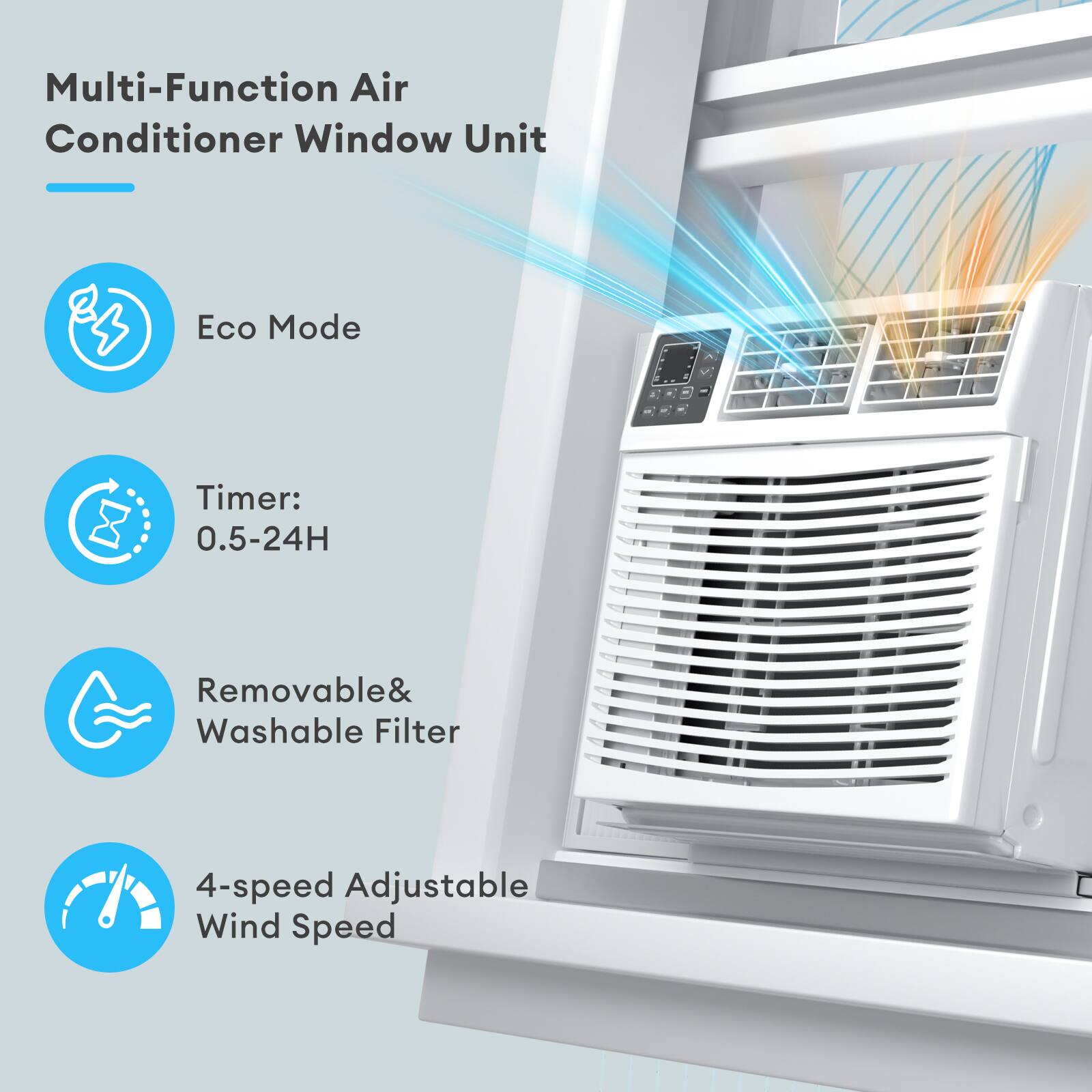 Multi-Function Air Conditioner Window Unit

- Eco Mode
- Timer: 0.5-24H
- Removable & Washable Filter
- 4-speed Adjustable Wind Speed