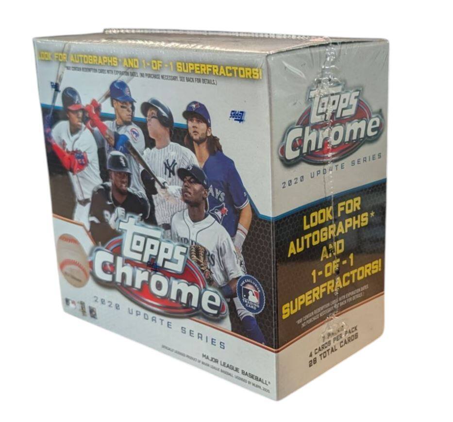 Sure, here is the corrected and grouped text from the image:

---

**Topps Chrome**  
2020 UPDATE SERIES  

**LOOK FOR AUTOGRAPHS AND 1-OF-1 SUPERFRAGTORS!**  
(SEE BACK FOR DETAILS)  

**MAJOR LEAGUE BASEBALL**  
MAJOR LEAGUE BASEBALL  
MAJOR LEAGUE BASEBALL  
MAJOR LEAGUE BASEBALL  

**4 CARDS PER PACK**  
**28 TOTAL CARDS**  

**Topps Chrome**  
2020 UPDATE SERIES  

**LOOK FOR AUTOGRAPHS AND 1-OF-1 SUPERFRAGTORS!**  
(SEE BACK FOR DETAILS)  

**MAJOR LEAGUE BASEBALL**  
MAJOR LEAGUE BASEBALL  
MAJOR LEAGUE BASEBALL  
MAJOR LEAGUE BASEBALL  

**4 CARDS PER PACK**  
**28 TOTAL CARDS**  

---