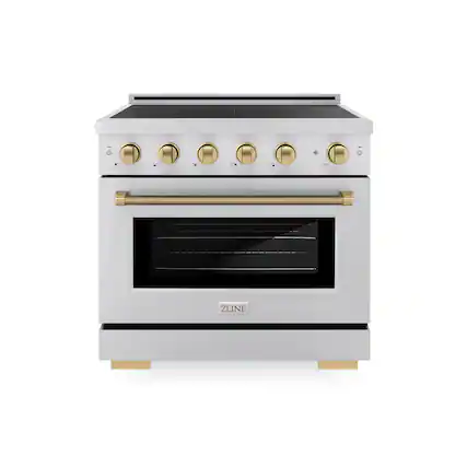 Front. ZLINE - 36 in. Wide 5 Elements Autograph 5.2 cu. ft. Paramount Freestanding Induction Range with Champagne Bronze Helix Handle - Stainless Steel.