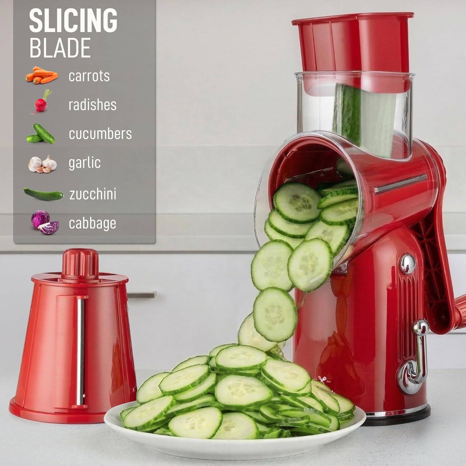 SLICING BLADE  
- carrots  
- radishes  
- cucumbers  
- garlic  
- zucchini  
- cabbage