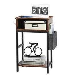 Oumilen - Nightstand with Built-in Charging Station and Side Pocket, Rustic - Brown