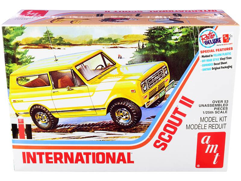Sure, here is the corrected and grouped text from the image:

---

**INTERNATIONAL SCOUT II**

**Retro Deluxe**  
*Special Features*  
- Molded in YELLOW PLASTIC  
- OFF-ROAD STYLE Vinyl Tires  
- EXPANDED Decal Sheet  
- VINTAGE Original Packaging  

**OVER 53 UNASSEMBLED PIECES**  
**1/25th SCALE MODEL KIT**  
**MODÈLE REDUIT**  

**a m t**  
*From the KATS & AMT Collection*  

---
