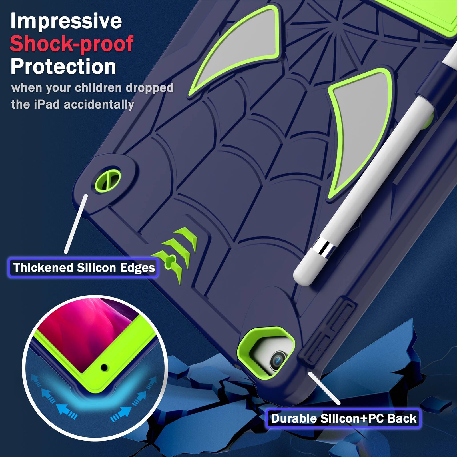 Impressive Shock-proof Protection when your children dropped the iPad accidentally

Thickened Silicon Edges

Durable Silicon+PC Back