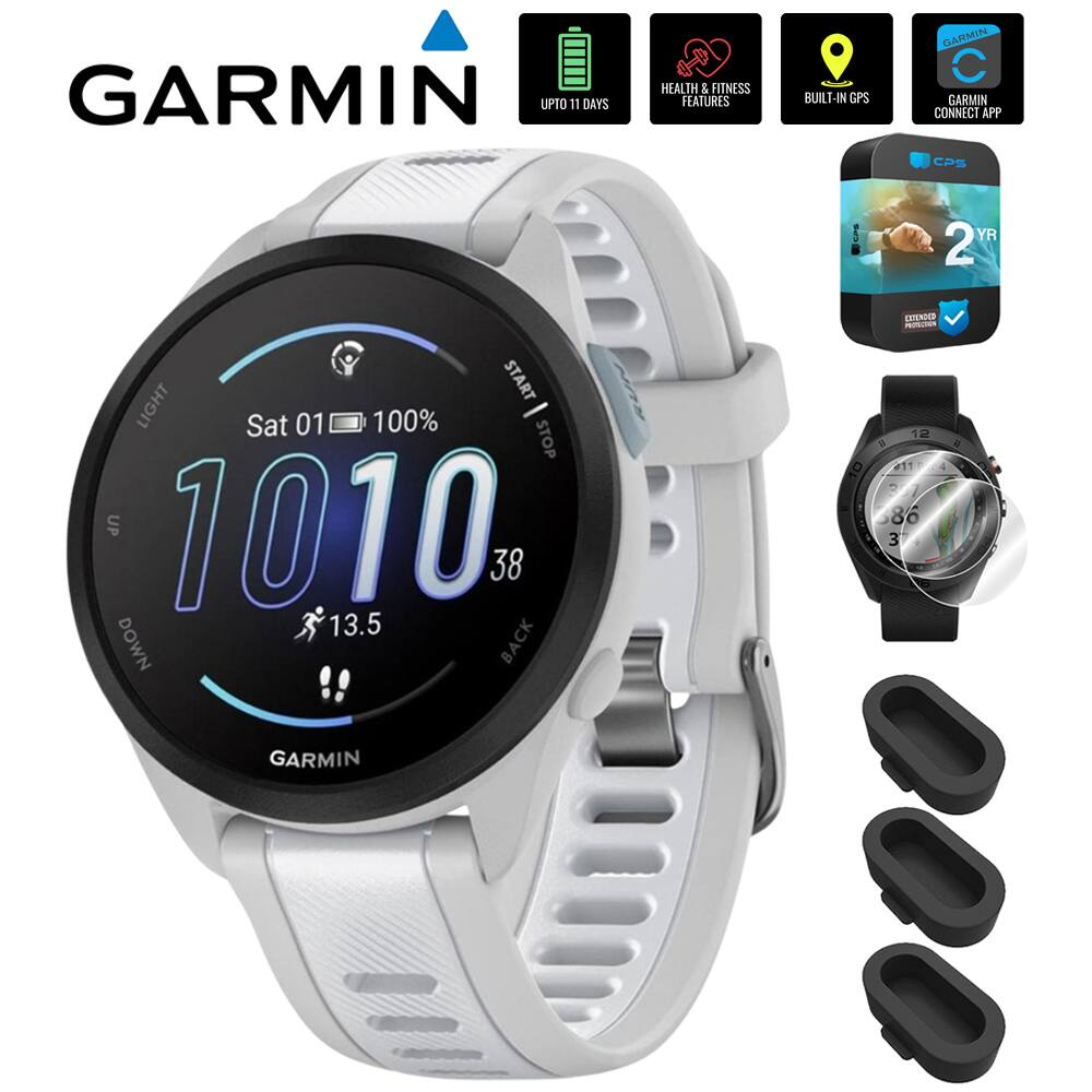 GARMIN  
UPTO 11 DAYS  
HEALTH & FITNESS FEATURES  
BUILT-IN GPS  
GARMIN CONNECT APP  
CPS 5 YR  
2 YR  
START LIGHT  
Sat 01 100%  
STOP UP  
1010  
38  
13.5  
DOWN BACK  
10 12  
a A1  
80 3 4 4  
GARMIN