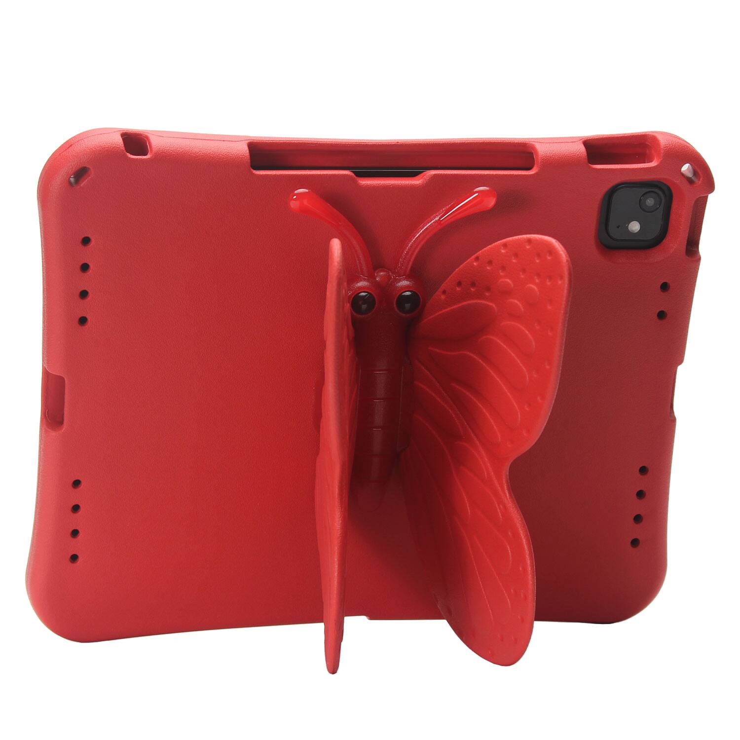 The image shows a red phone case with a butterfly design.