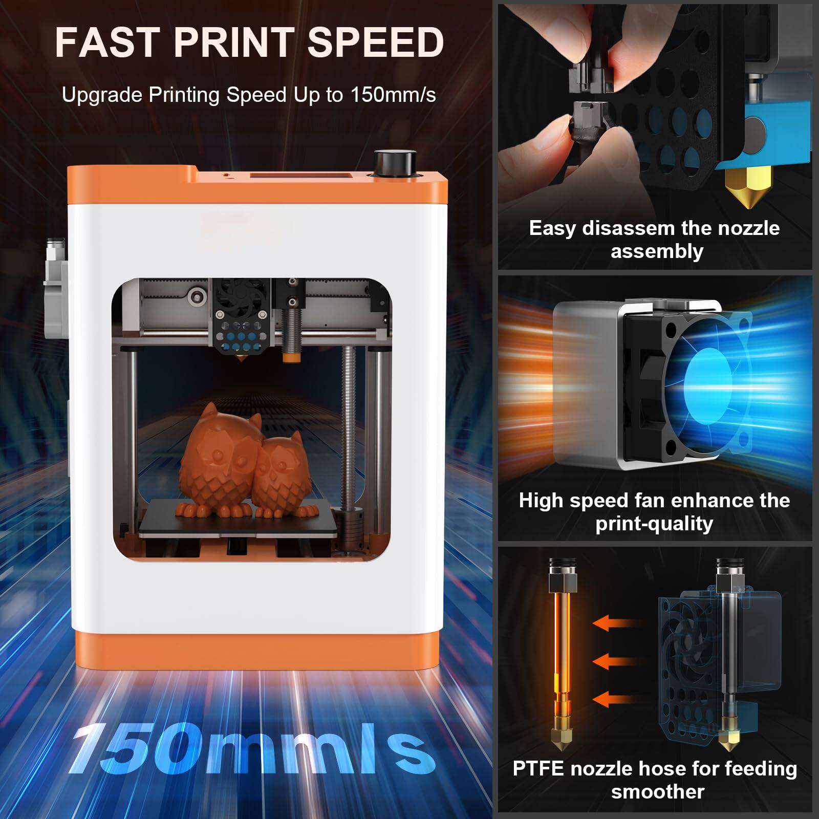 FAST PRINT SPEED  
Upgrade Printing Speed Up to 150mm/s  

Easy disassemble the nozzle assembly  

High speed fan enhance the print-quality  

PTFE nozzle hose for feeding smoother  

150mm/s