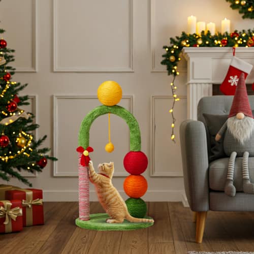 Winado - 29in Christmas Cat Tree Tower with Sisal Scratcher Balls, Scratching Post, Candy Cane Pole, Dangling Ball Toy for Indoor - Multicolor
