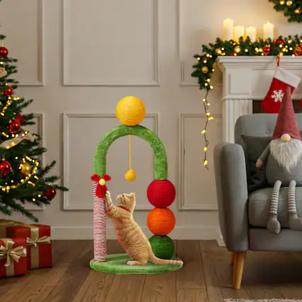 Front. Winado - 29in Christmas Cat Tree Tower with Sisal Scratcher Balls, Scratching Post, Candy Cane Pole, Dangling Ball Toy for Indoor - Multicolor.