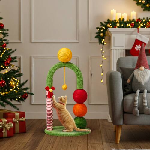 Front. Winado - 29in Christmas Cat Tree Tower with Sisal Scratcher Balls, Scratching Post, Candy Cane Pole, Dangling Ball Toy for Indoor - Multicolor.