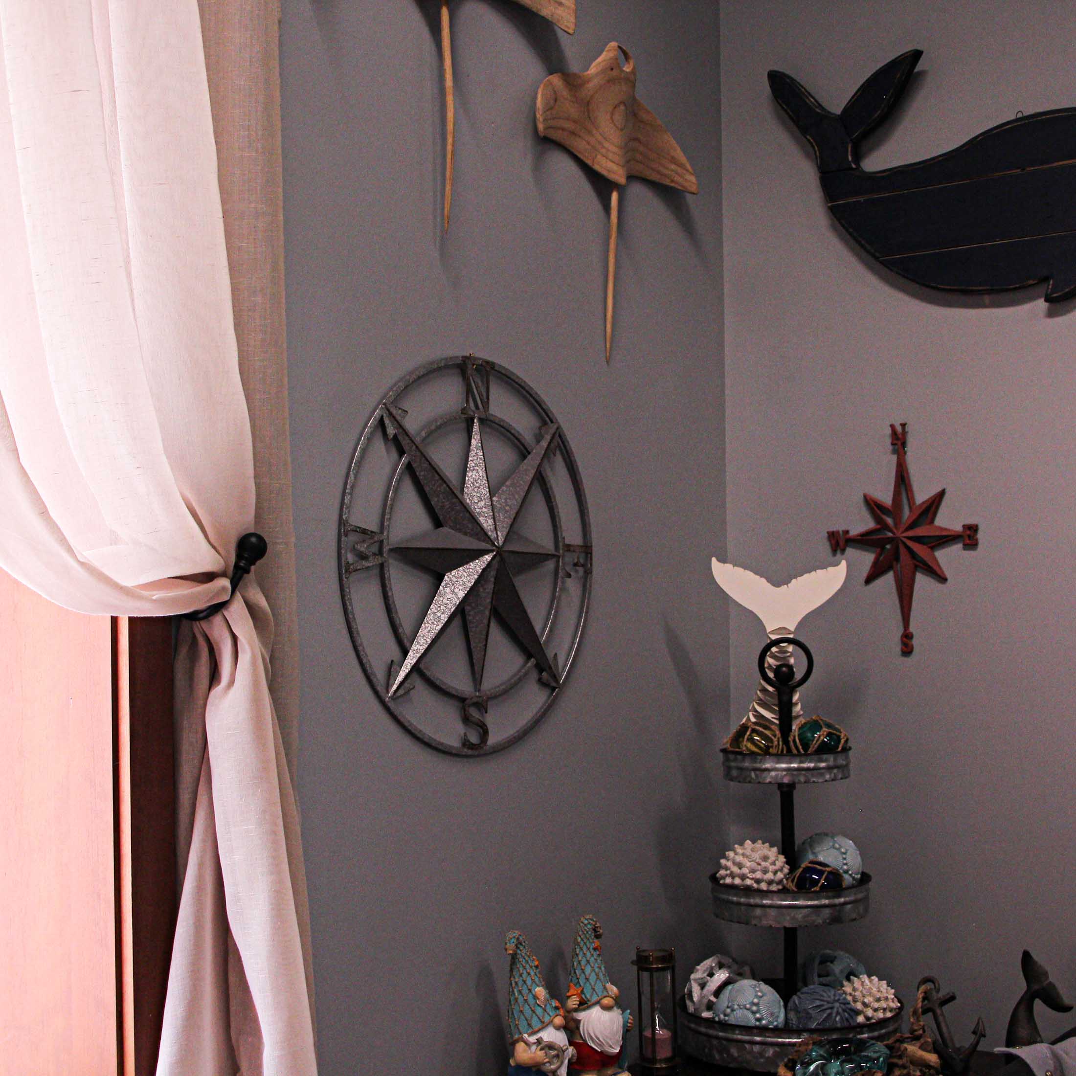 Alt View 4. Zeckos - Galvanized Zinc Finish Metal Compass Rose Wall Hanging 20.5 Inch Diameter - Silver.