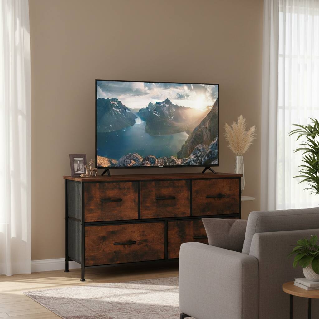 Angle. AOITUN - 5 Drawer Fabric Dresser for Bedroom, Chest of Drawer Organizer Storage Cabinet for Closet, Entryway, Rust Brown - brown.