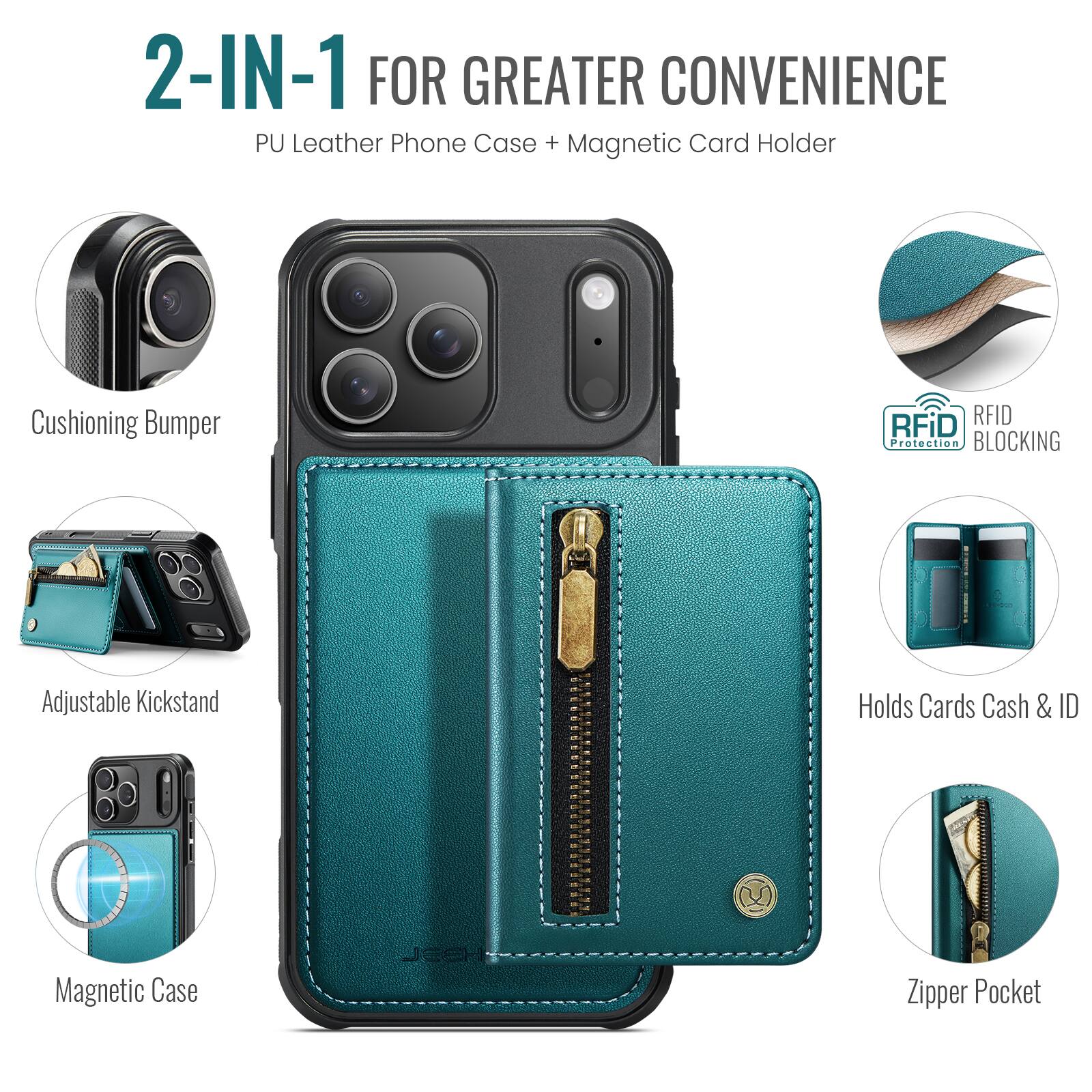 2-IN-1 FOR GREATER CONVENIENCE  
PU Leather Phone Case + Magnetic Card Holder  

- Cushioning Bumper  
- Adjustable Kickstand  
- Magnetic Case  
- RFID Protection BLOCKING  
- Holds Cards Cash & ID  
- Zipper Pocket