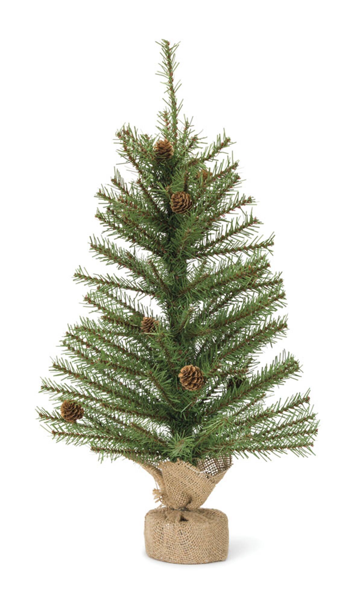 Angle. BreeBe - Mini Pine Tree with Burlap Bag Base and Pinecone Accents (Set of 2) - Green, Brown.