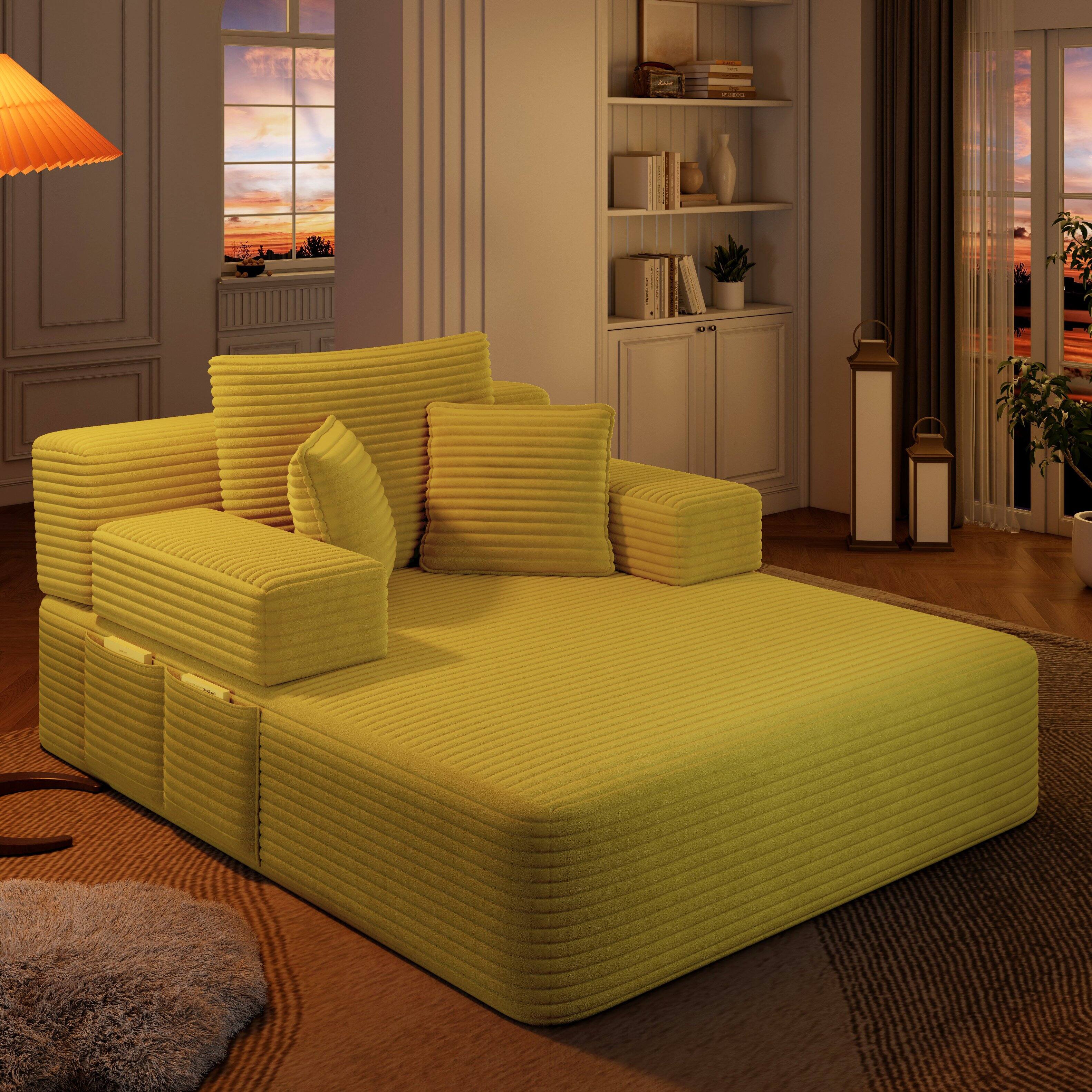 Angle. Anysun - Multi-Functional Frameless Convertible Plush Corduroy Chaise Lounge Sofa Bed with Storage Pockets, 3 Soft Pillows - Yellow.
