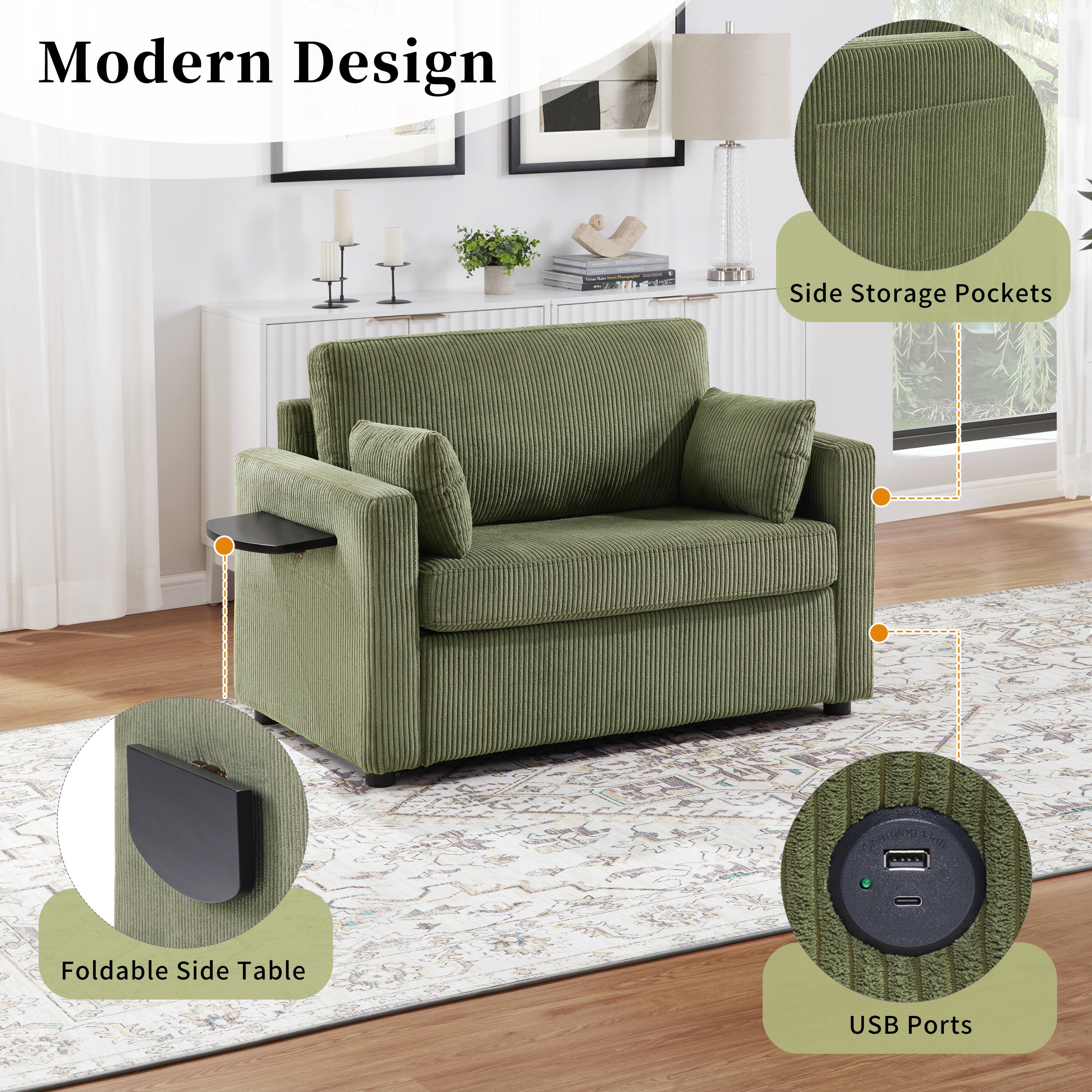 Modern Design Sofa with Side Storage Pockets, Foldable Side Table, and USB Ports.