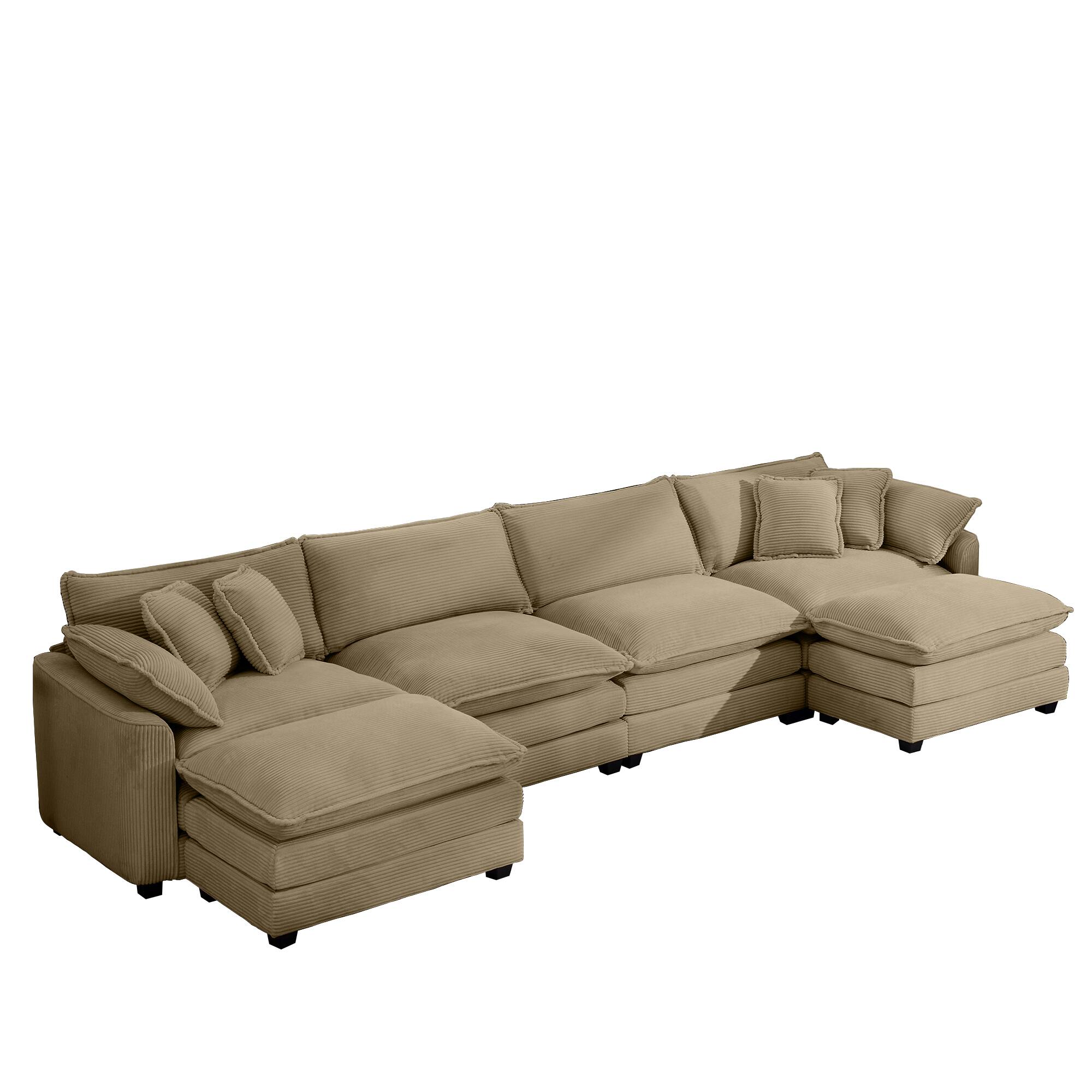 Alt View 2. LOVMOR - Corduroy Sofa Modern Upholstered 4 Seater with 3 Footstools Corduroy Fabric Sofa Office Living Room Apartment - Tan.