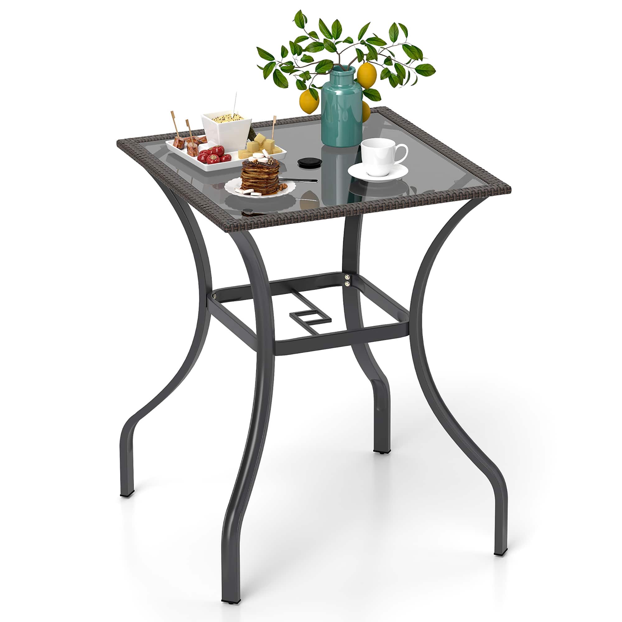 Gymax - 28.5'' Square Bistro Bar Table w/ 2'' Umbrella Hole Silkscreen Glass Tabletop - Mix Brown