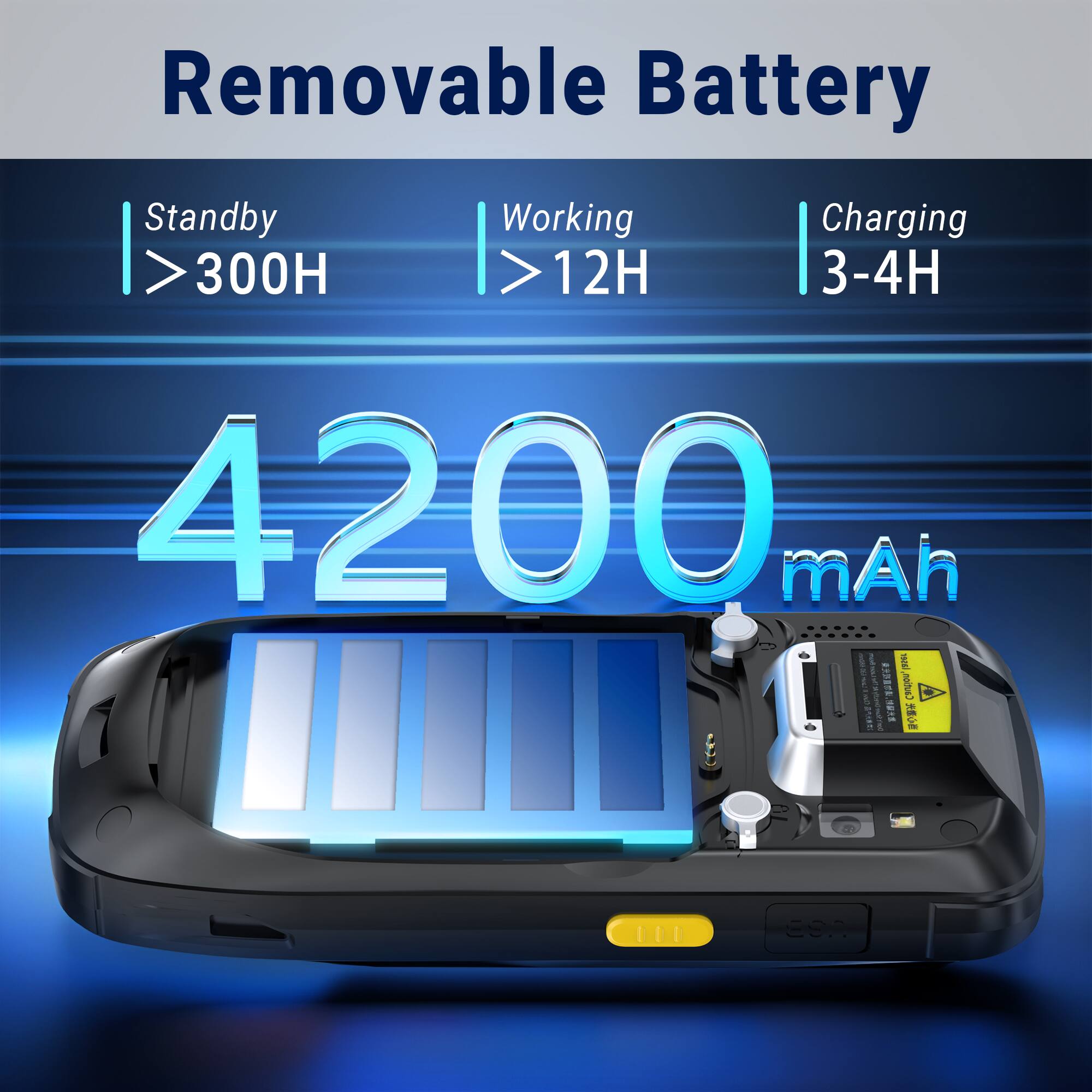 Removable Battery

Standby > 300H  
Working > 12H  
Charging 3-4H  

4200 mAh
