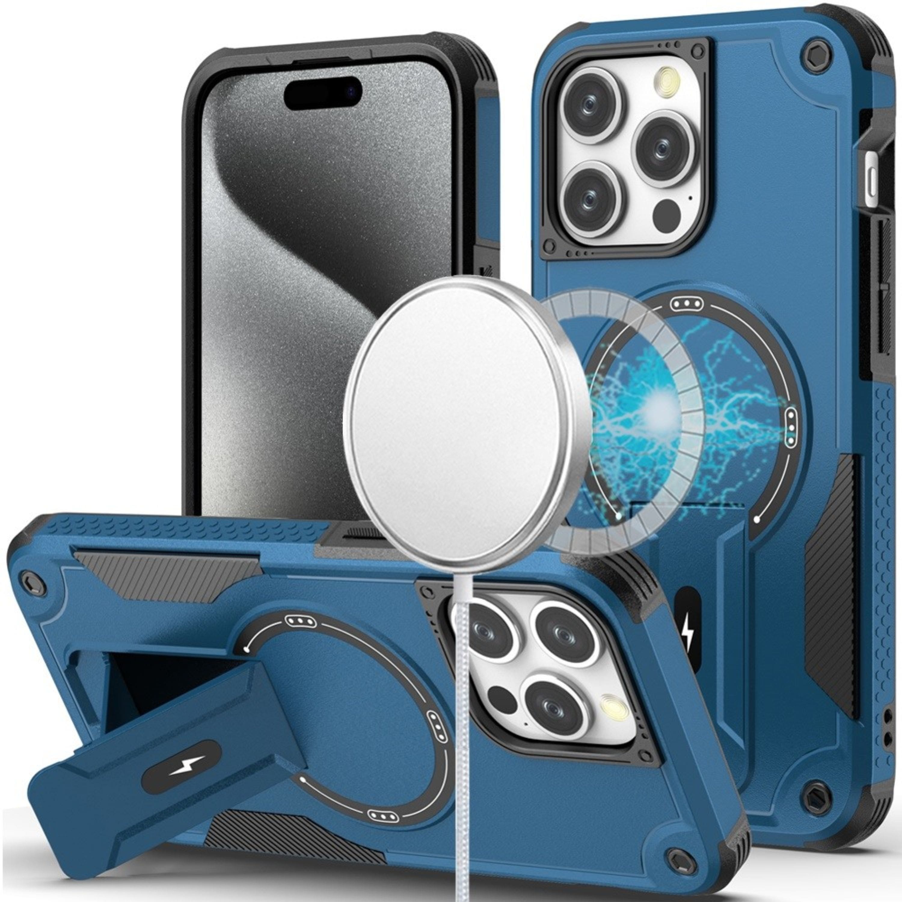 Kitcheniva - Rugged Magnetic Grip Stand Case With Tempered Glass For iPhone 15 Pro Max - Blue