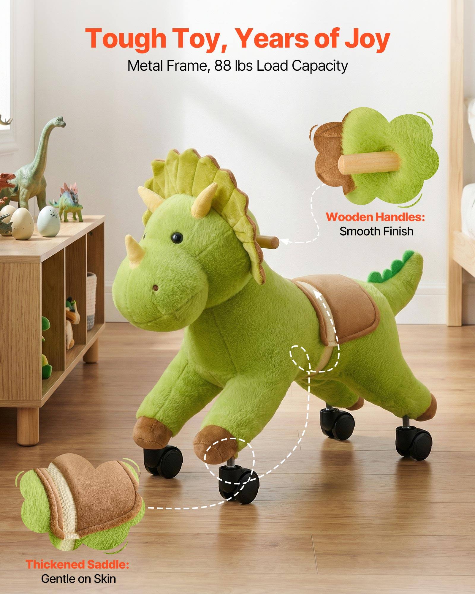 Tough Toy, Years of Joy  
Metal Frame, 88 lbs Load Capacity  
Wooden Handles: Smooth Finish  
Thickened Saddle: Gentle on Skin