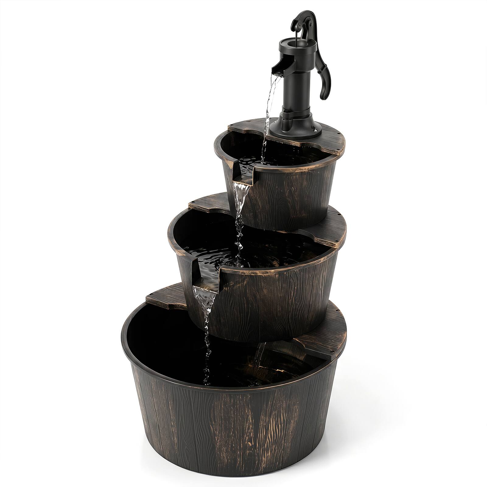 Alt View 1. Costway - Costway 3-Tier Outdoor Barrel Waterfall Fountain with Cascading Water Flow & Electric Pump - Bronze & Black.