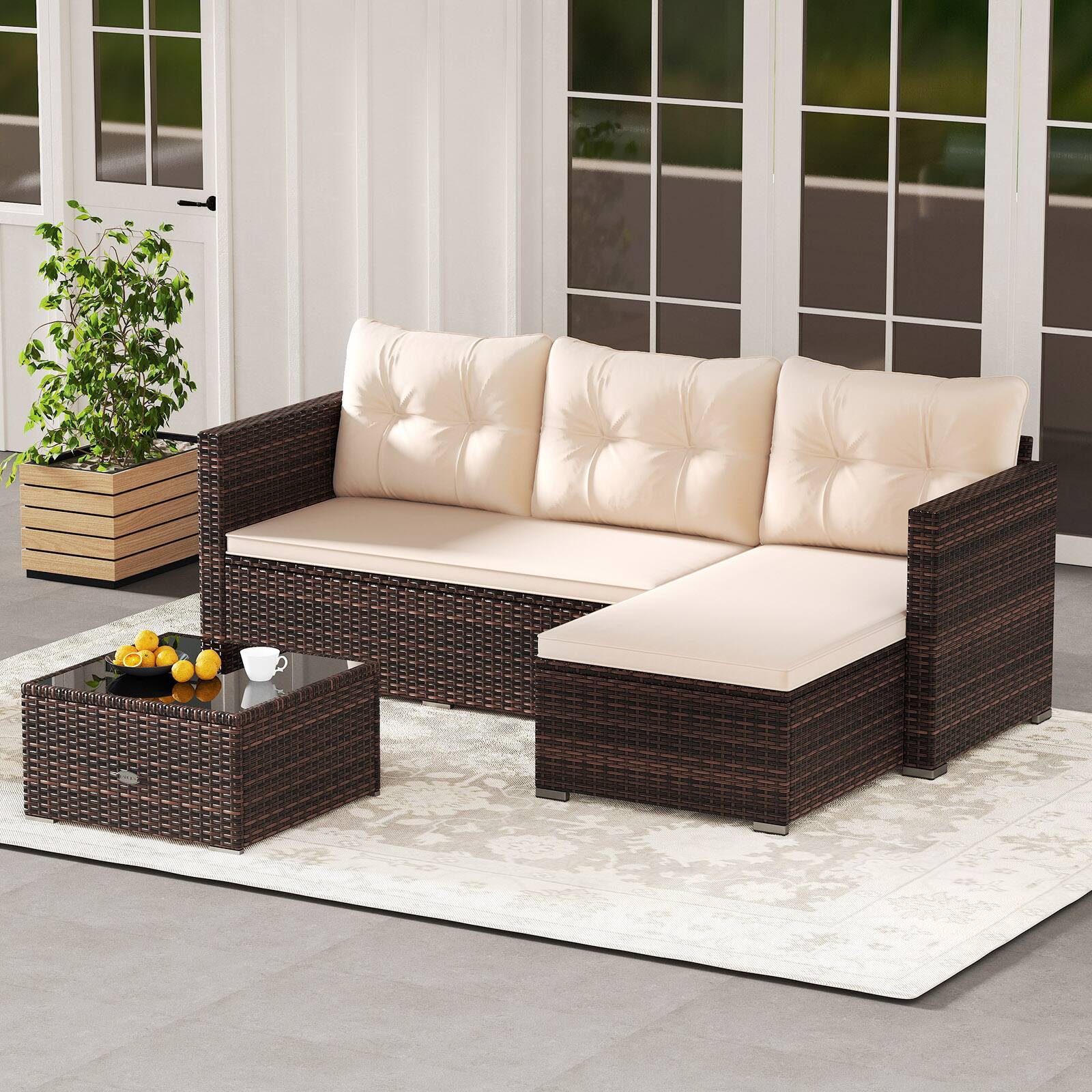 Front. Gymax - Gymax 4 Seats Outdoor Patio Furniture Set L-Shaped Couch Set for Yard - Mix Brown.