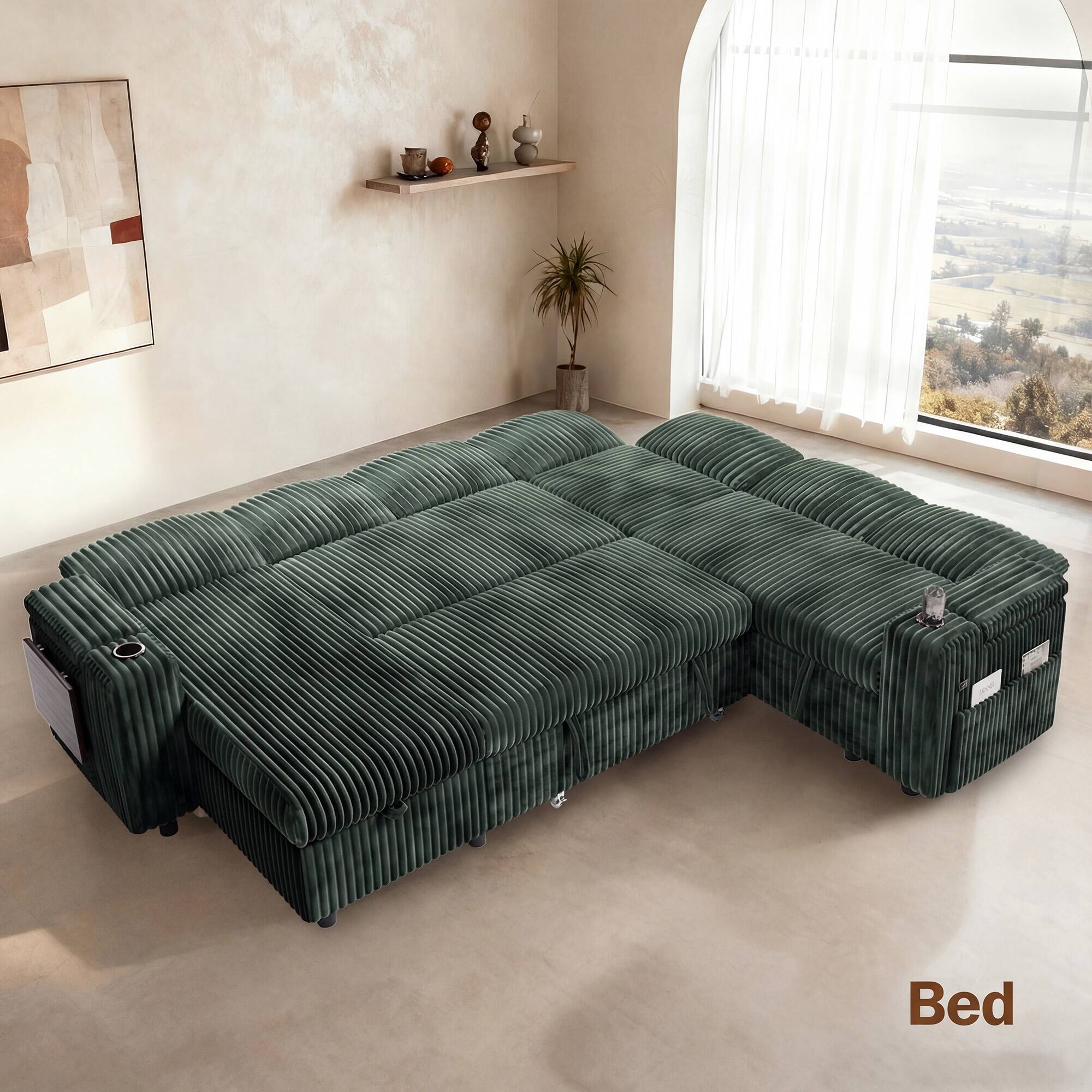 Angle. Vipbear - Vipbear 110" Modular Sectional Sleeper Sofa with Pull Out Bed, 7 Seat L Shaped with Reclining Backrest,Corduroy Green - Green.