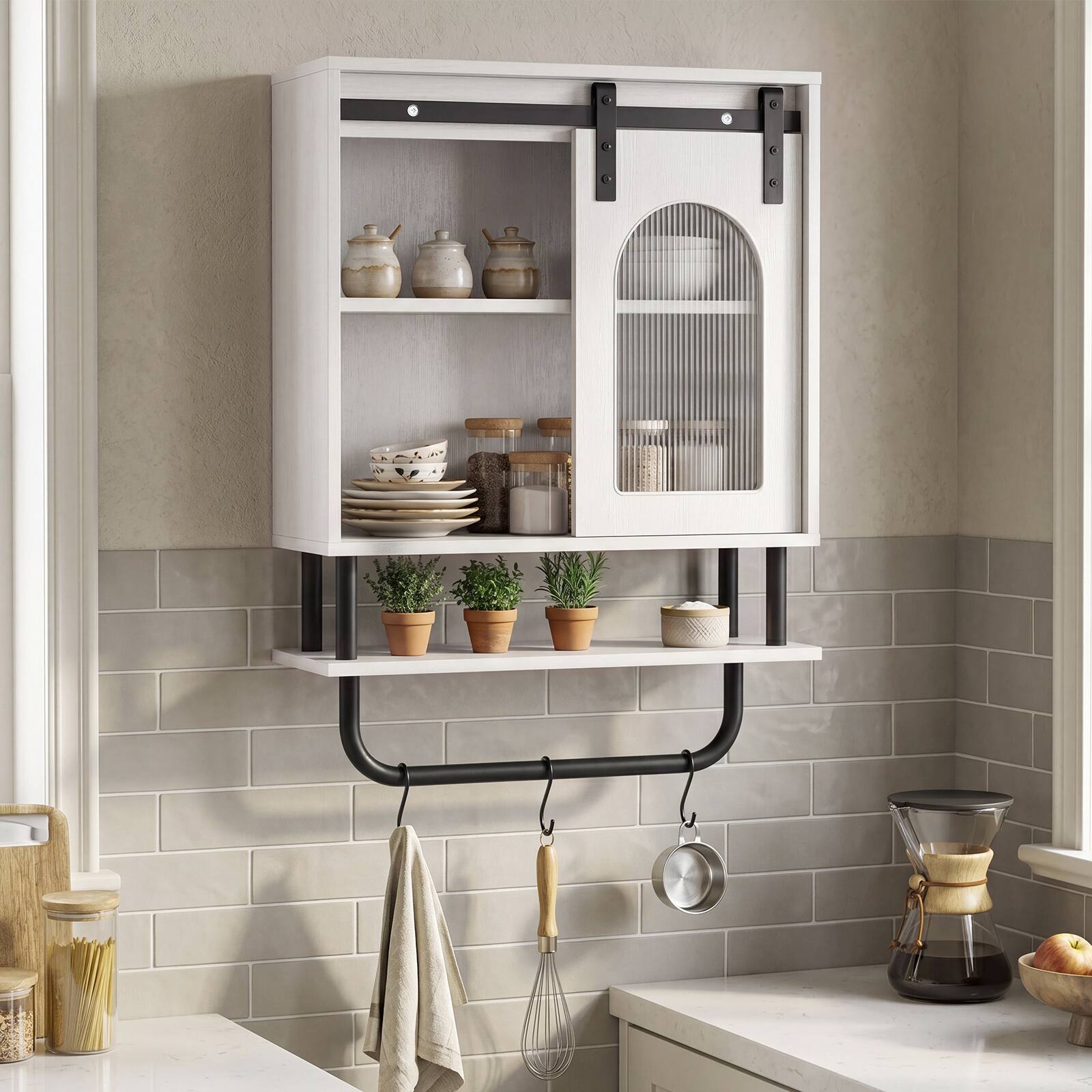 Alt View 1. Costway - Costway Bathroom Wall Cabinet with Sliding Barn Door Metal Hanging Bar 3 Hooks for Kitchen - White + Black.