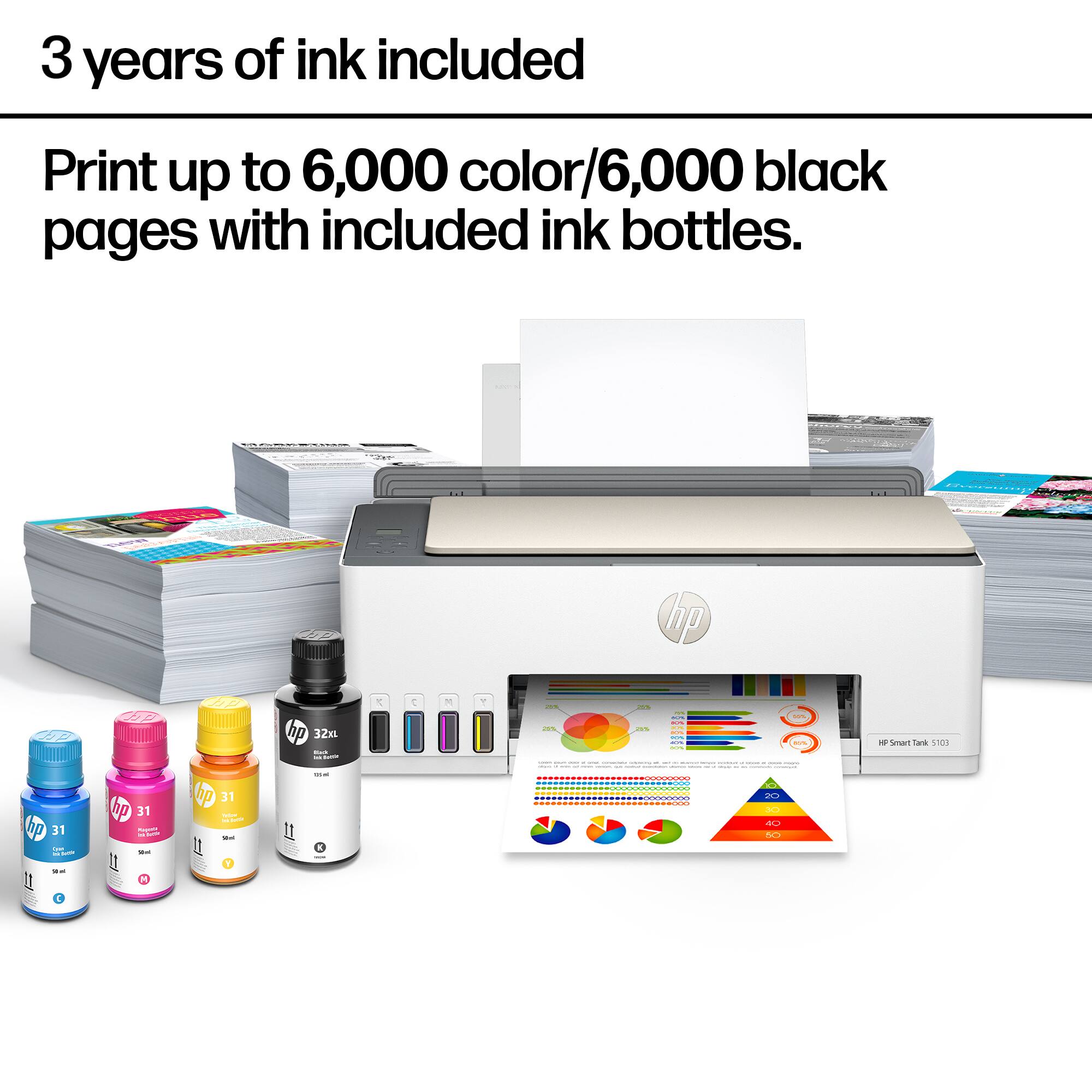 3 years of ink included

Print up to 6,000 color/6,000 black pages with included ink bottles.